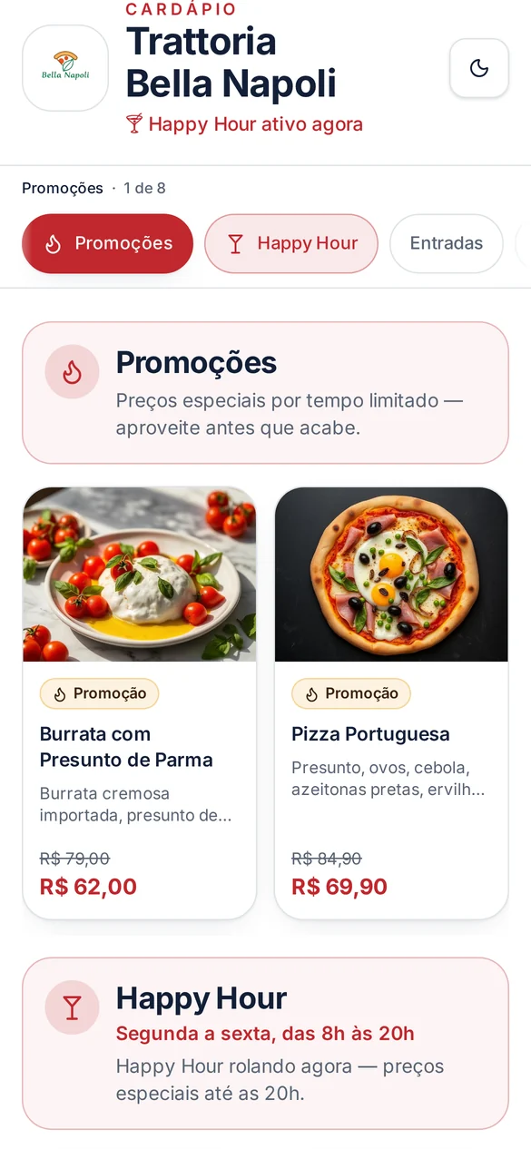 Cardápio digital da Trattoria Bella Napoli no celular, com o grupo de Promoções em destaque